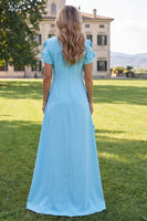 Load image into Gallery viewer, Round Neck Blue Floral A Line Long Formal Dress with Sleeves