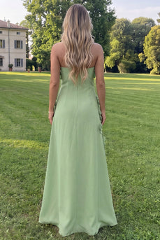Sage Green Floral A Line Strapless Maxi Formal Dress