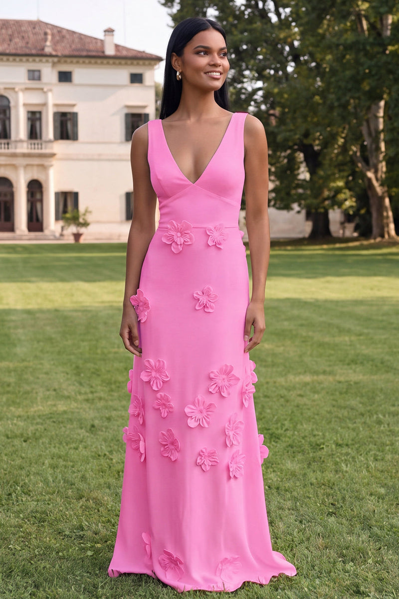 Load image into Gallery viewer, Sheath Hot Pink Floral V-Neck Long Formal Dress