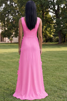 Load image into Gallery viewer, Sheath Hot Pink Floral V-Neck Long Formal Dress