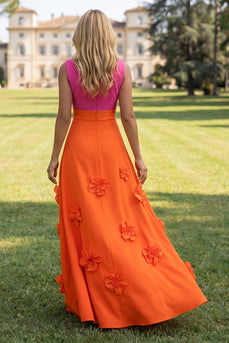 Fuchsia and Orange Floral V-Neck Maxi A Line Color Block Formal Dress