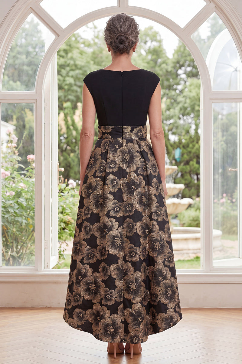 Load image into Gallery viewer, Floral Boat Neck Black A Line Long Mother of the Bride Dress with Pockets