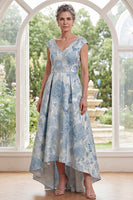 Load image into Gallery viewer, V-Neck Blue Floral Long A Line Mother of the Bride Dress
