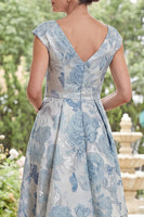 Load image into Gallery viewer, V-Neck Blue Floral Long A Line Mother of the Bride Dress