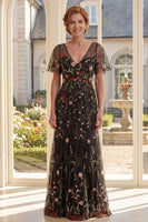 Load image into Gallery viewer, Black Floral V-Neck A Line Long Mother of the Bride Dress
