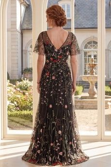 Black Floral V-Neck A Line Long Mother of the Bride Dress