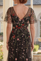 Load image into Gallery viewer, Black Floral V-Neck A Line Long Mother of the Bride Dress