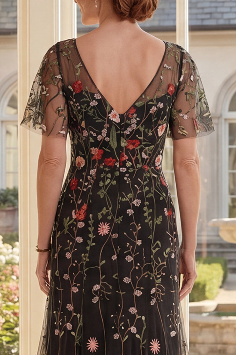 Load image into Gallery viewer, Black Floral V-Neck A Line Long Mother of the Bride Dress