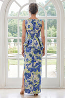Load image into Gallery viewer, Blue Daffodil Flower Boat Neck Long Sheath Mother of the Bride Dress with Slit