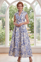 Load image into Gallery viewer, Cap Sleeves A Line White Blue Flower Long Mother of the Bride Dress