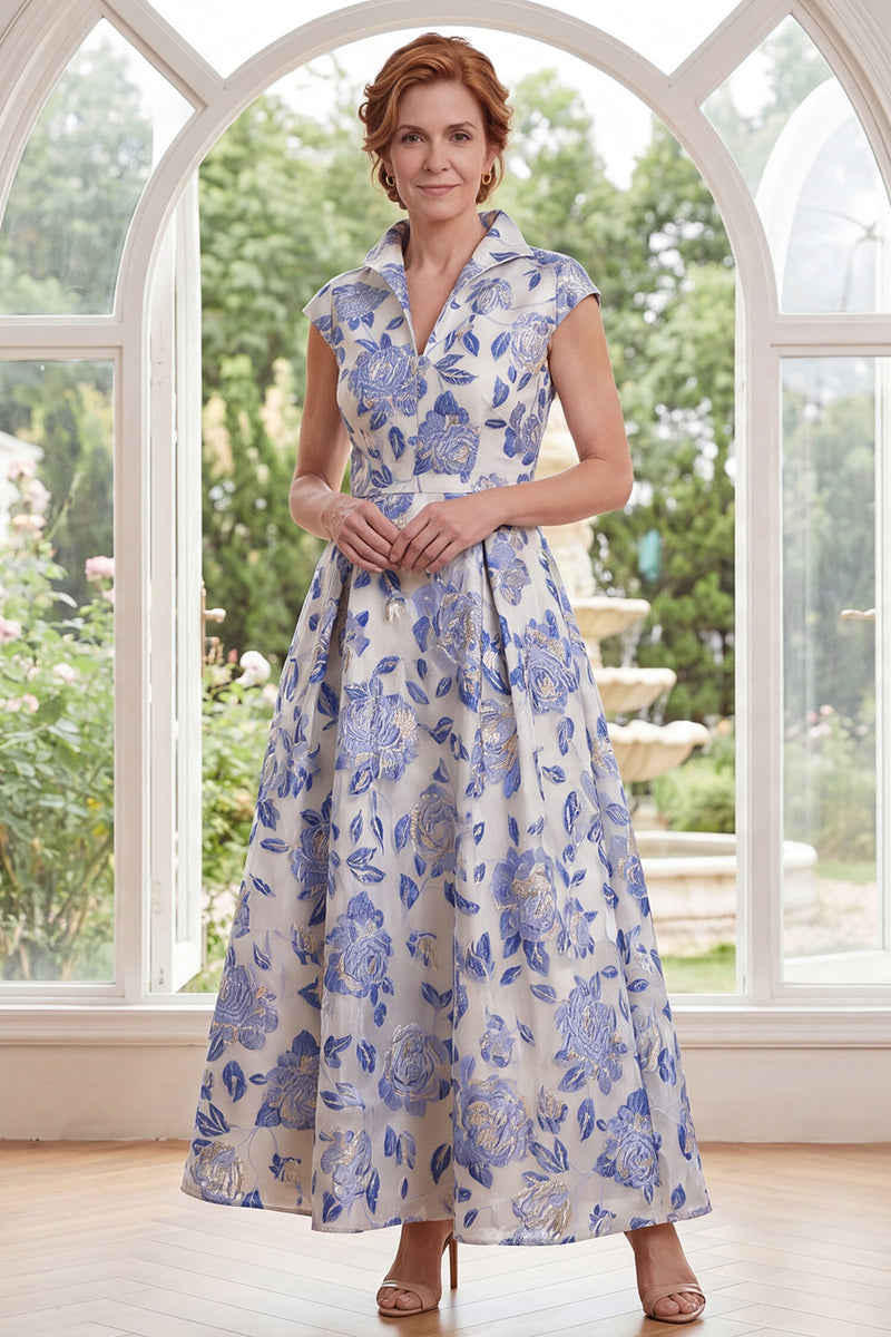 Load image into Gallery viewer, Cap Sleeves A Line White Blue Flower Long Mother of the Bride Dress