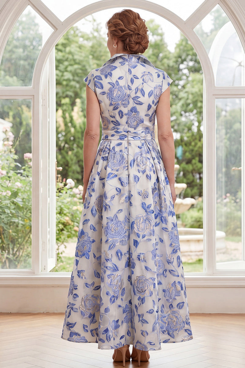 Load image into Gallery viewer, Cap Sleeves A Line White Blue Flower Long Mother of the Bride Dress