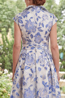 Load image into Gallery viewer, Cap Sleeves A Line White Blue Flower Long Mother of the Bride Dress
