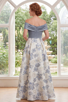 Dusty Blue Floral Off the Shoulder A Line Long Mother of the Bride Dress with Slit