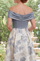 Load image into Gallery viewer, Dusty Blue Floral Off the Shoulder A Line Long Mother of the Bride Dress with Slit