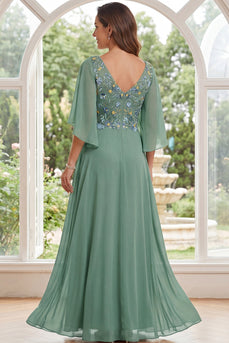 Floral Sage Green V-Neck A Line Long Mother of the Bride Dress