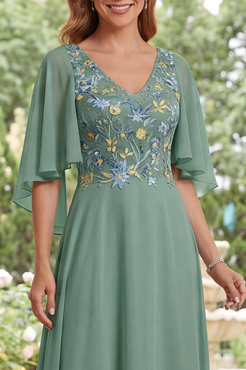 Load image into Gallery viewer, Floral Sage Green V-Neck A Line Long Mother of the Bride Dress