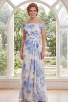 Load image into Gallery viewer, White Blue Flower Ruched A Line Long Mother of the Bride Dress