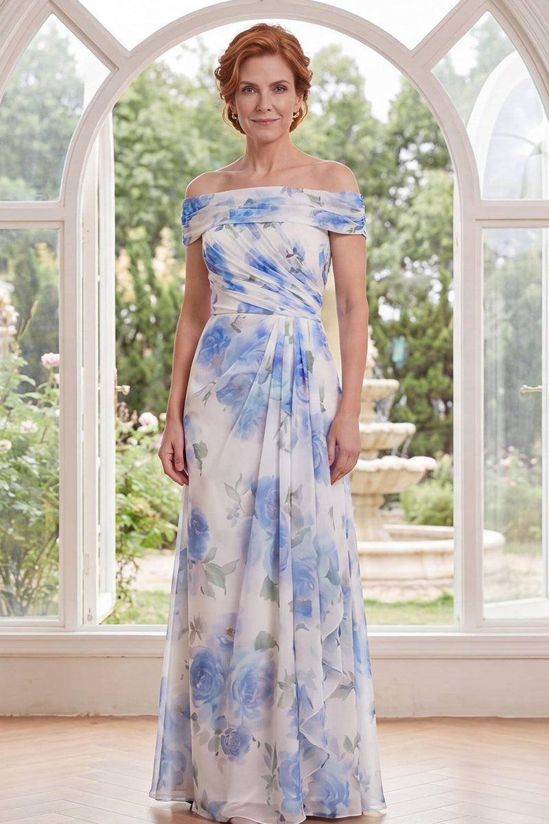 Load image into Gallery viewer, White Blue Flower Ruched A Line Long Mother of the Bride Dress