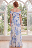 Load image into Gallery viewer, White Blue Flower Ruched A Line Long Mother of the Bride Dress