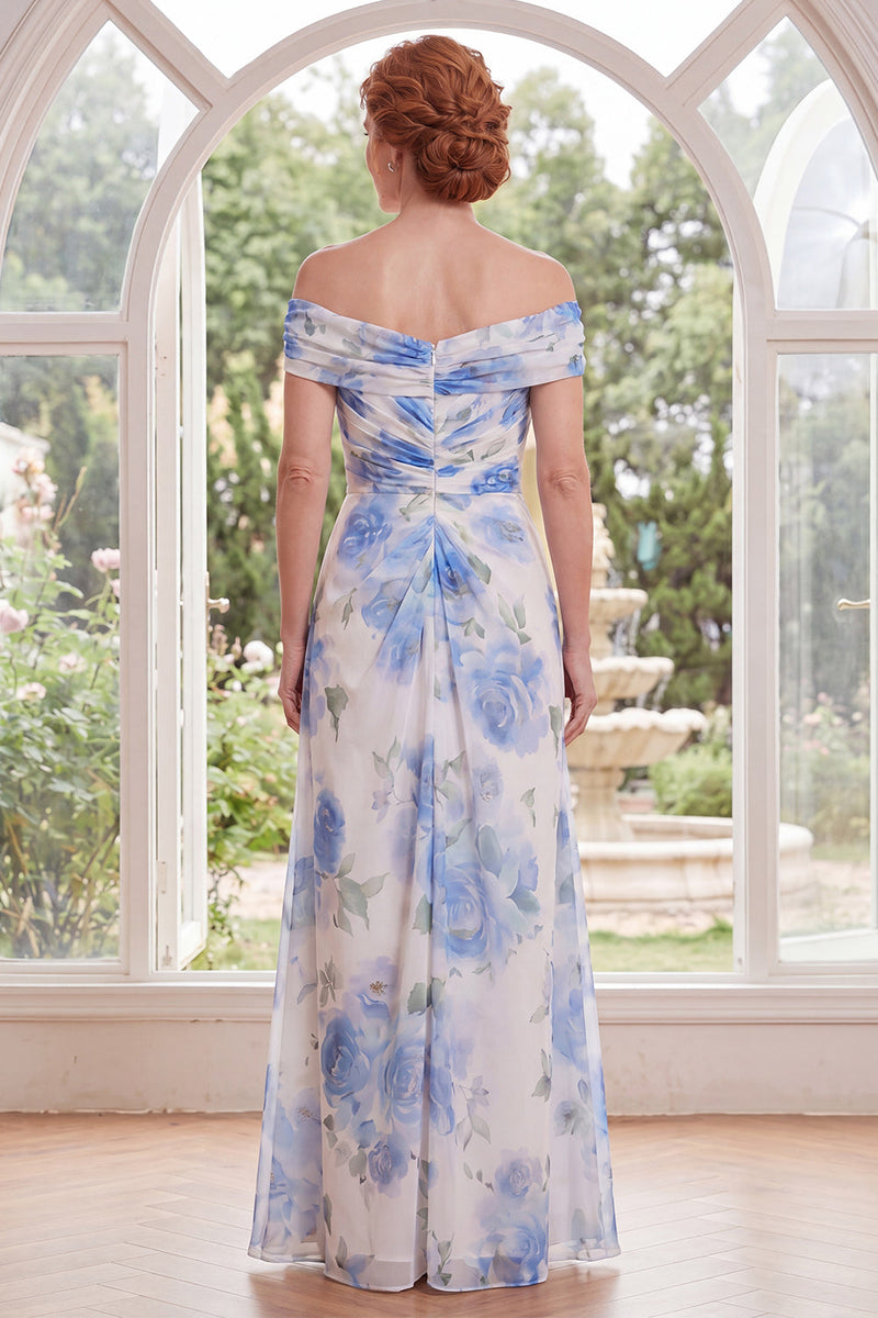 Load image into Gallery viewer, White Blue Flower Ruched A Line Long Mother of the Bride Dress