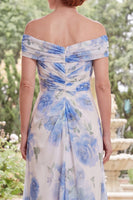 Load image into Gallery viewer, White Blue Flower Ruched A Line Long Mother of the Bride Dress