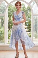 Load image into Gallery viewer, White Blue Flower A Line V-Neck Long Mother of the Bride Dress with Ruffles