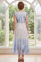 Load image into Gallery viewer, White Blue Flower A Line V-Neck Long Mother of the Bride Dress with Ruffles