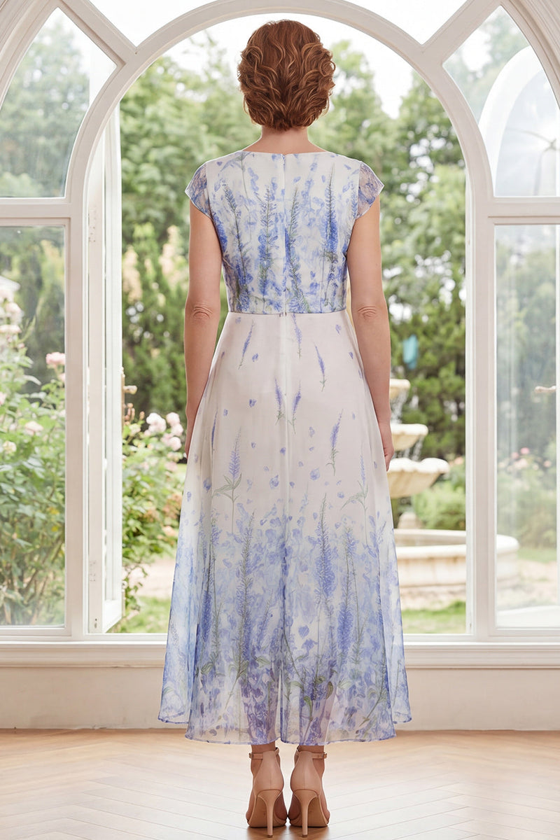 Load image into Gallery viewer, White Blue Flower A Line V-Neck Long Mother of the Bride Dress with Ruffles
