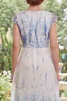 Load image into Gallery viewer, White Blue Flower A Line V-Neck Long Mother of the Bride Dress with Ruffles