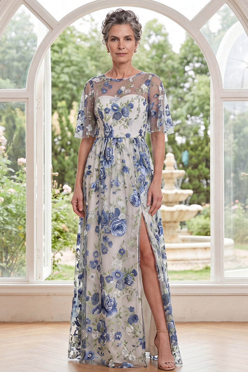 Load image into Gallery viewer, Blue Flower A Line Boat Neck Long Mother of the Bride Dress with Slit