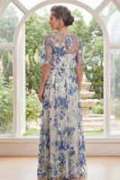 Load image into Gallery viewer, Blue Flower A Line Boat Neck Long Mother of the Bride Dress with Slit