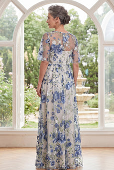 Blue Flower A Line Boat Neck Long Mother of the Bride Dress with Slit