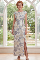 Load image into Gallery viewer, Dusty Blue Floral Boat Neck Sheath Long Mother of the Bride Dress with Slit