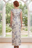 Load image into Gallery viewer, Dusty Blue Floral Boat Neck Sheath Long Mother of the Bride Dress with Slit