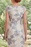 Load image into Gallery viewer, Dusty Blue Floral Boat Neck Sheath Long Mother of the Bride Dress with Slit