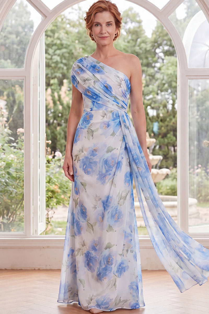 Load image into Gallery viewer, White Blue Flower Long Mermaid Mother of the Bride Dress with Side Cape
