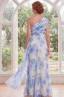 Load image into Gallery viewer, White Blue Flower Long Mermaid Mother of the Bride Dress with Side Cape