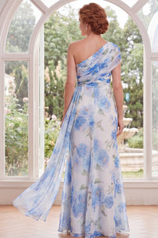 White Blue Flower Long Mermaid Mother of the Bride Dress with Side Cape