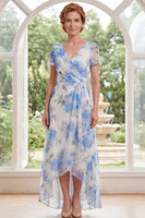 Load image into Gallery viewer, Ruched White Blue Flower Long A Line Mother of the Bride Dress with Ruffles