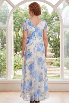 Ruched White Blue Flower Long A Line Mother of the Bride Dress with Ruffles