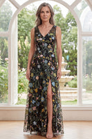 Load image into Gallery viewer, Floral Black V-Neck A Line Long Mother of the Bride Dress with Slit