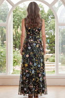 Load image into Gallery viewer, Floral Black V-Neck A Line Long Mother of the Bride Dress with Slit