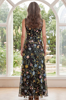 Floral Black V-Neck A Line Long Mother of the Bride Dress with Slit