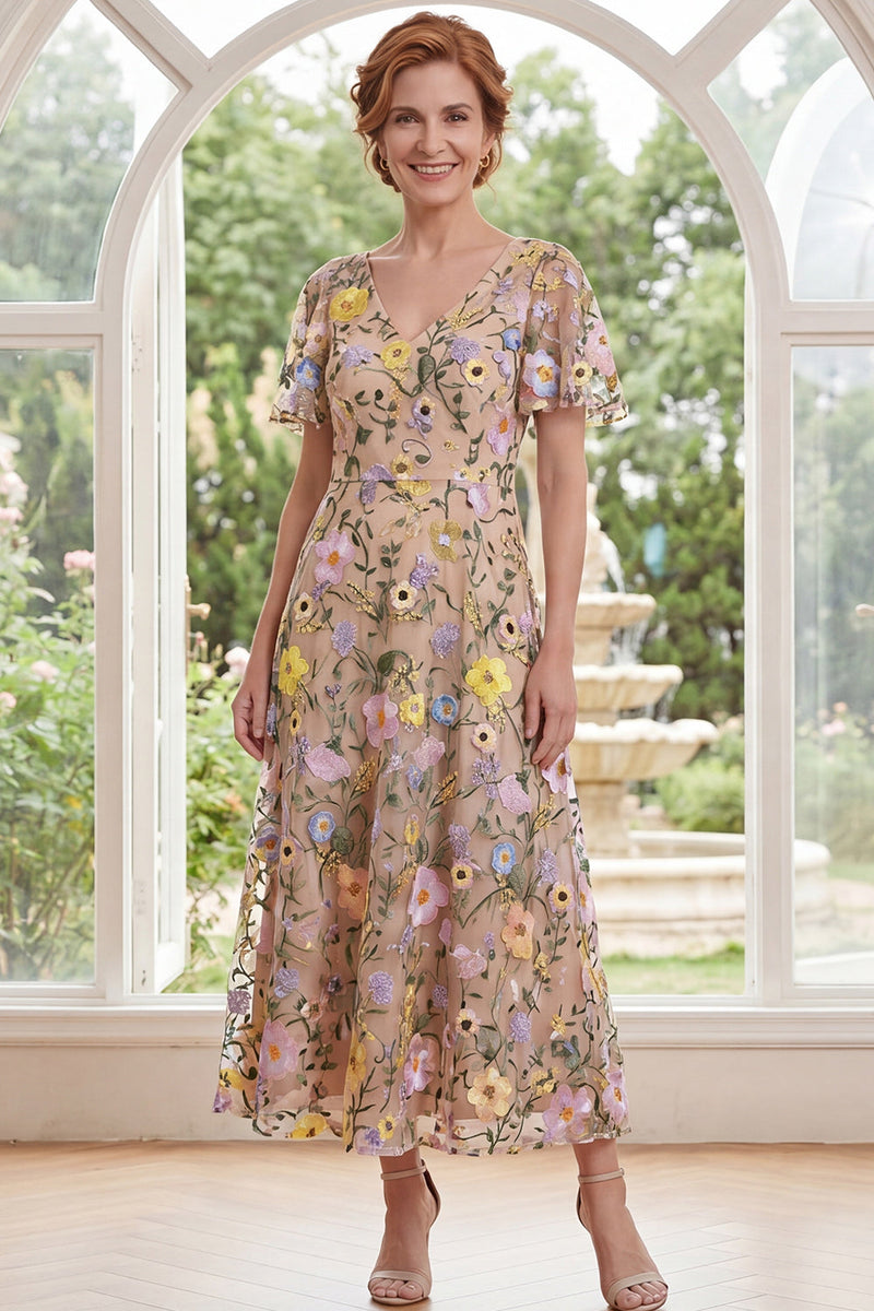Load image into Gallery viewer, Champagne Floral V-Neck A Line Long Mother of the Bride Dress