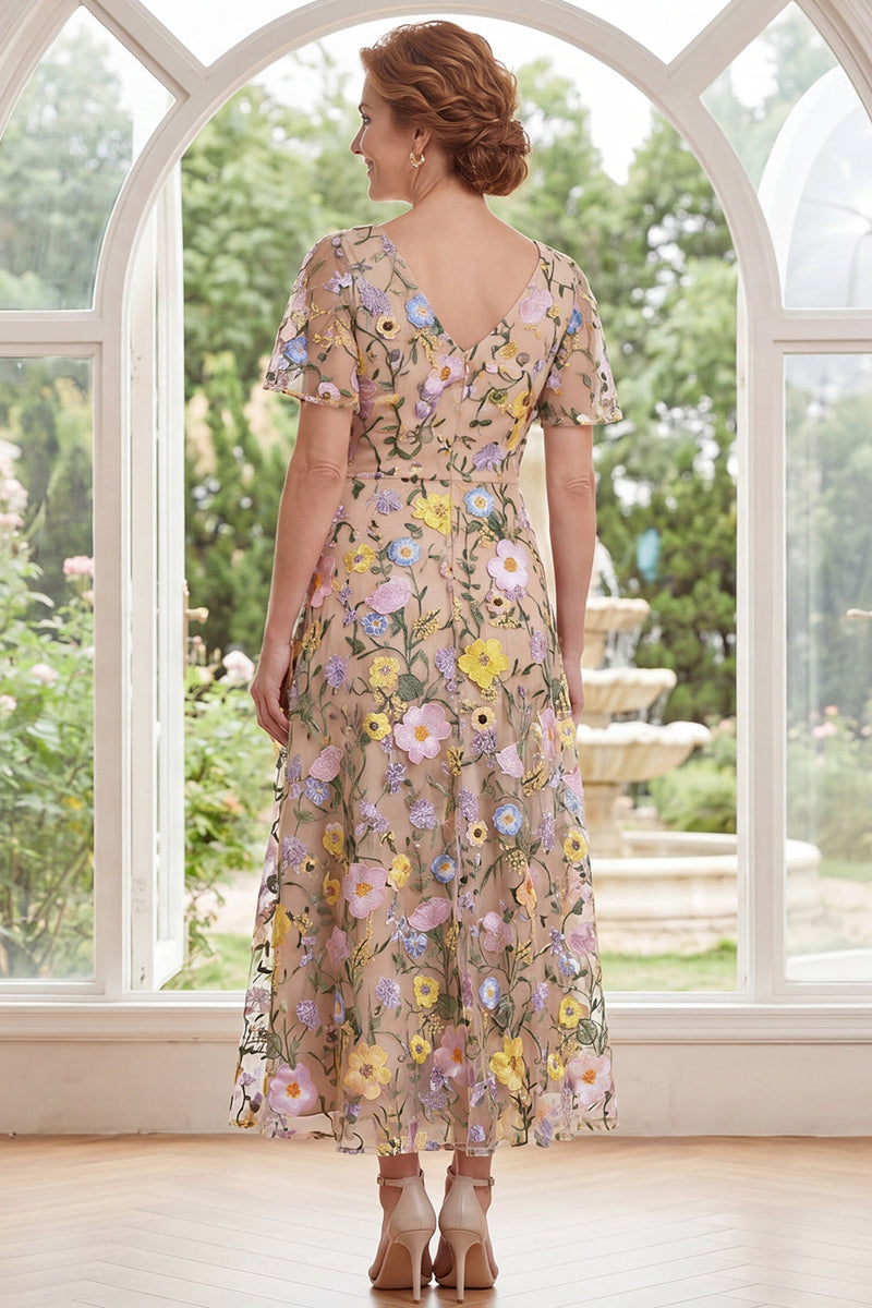 Load image into Gallery viewer, Champagne Floral V-Neck A Line Long Mother of the Bride Dress