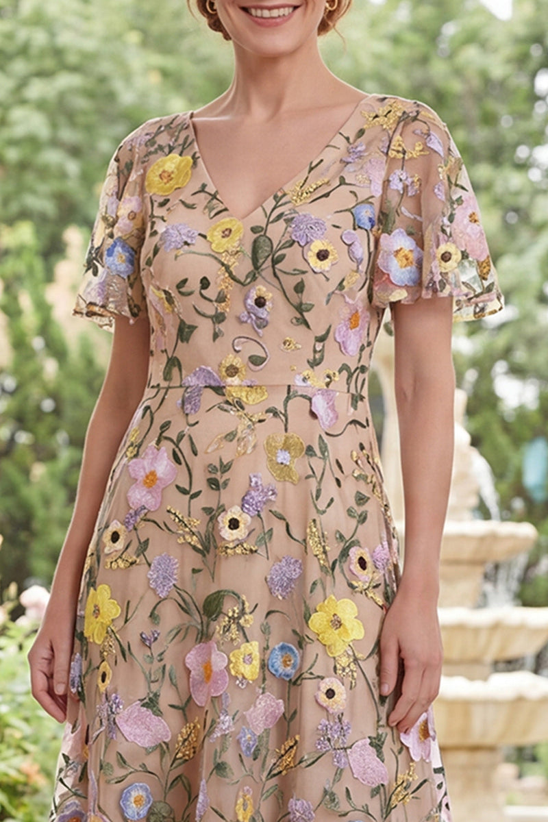 Load image into Gallery viewer, Champagne Floral V-Neck A Line Long Mother of the Bride Dress