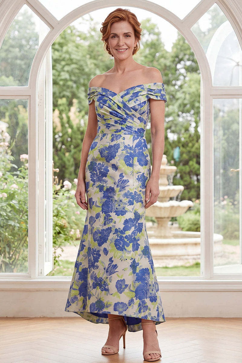 Load image into Gallery viewer, Blue Daffodil Flower Off the Shoulder Mermaid Long Mother of the Bride Dress