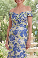 Load image into Gallery viewer, Blue Daffodil Flower Off the Shoulder Mermaid Long Mother of the Bride Dress