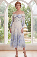 Load image into Gallery viewer, White Blue Flower Long Sleeves A Line Long Mother of the Bride Dress